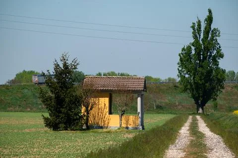 Dirt road between green fields in spring Stock Photos