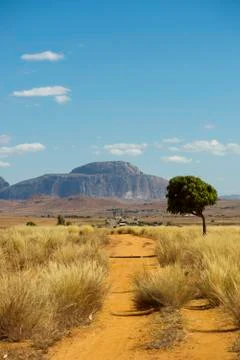 Dirt road with Bishop's Hat Rock in the background, Madagascar Stock Photos