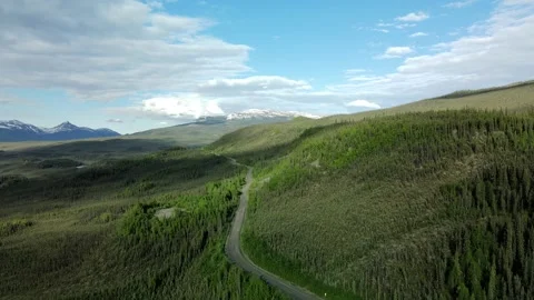 A dirt road cut through Boreal Forest, Aerial backwards Pan Stock Footage 289565855