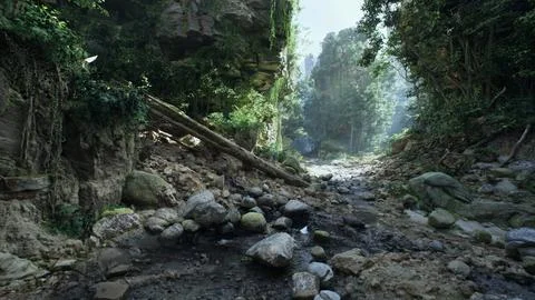 Dirt Road Cutting Through Forest Landscape. mountain path イラスト素材