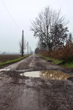 Dirt road with puddles bordered by a field and trees by the edge of a railr.. Stock Photos