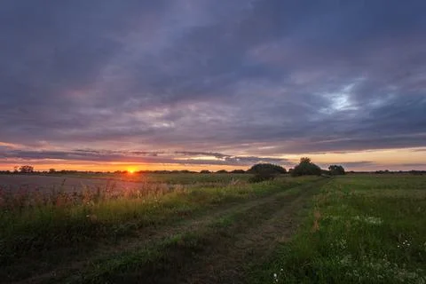 Dirt road through fields and meadows during sunset with clouds Stock Photos
