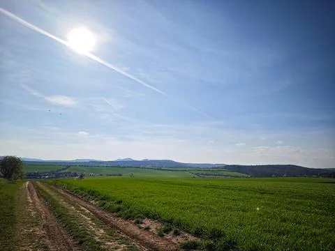 Dirt road through green fields with sun shining in the sky Stock Photos