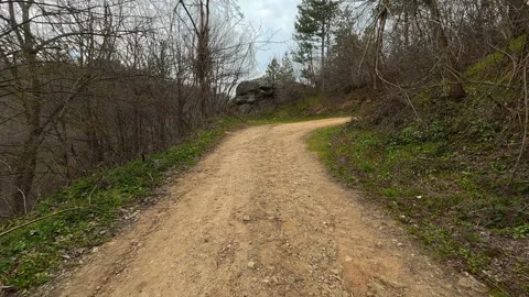Dirt road winds through forested hills. Vucjanka Canyon, Serbia Vidéo 332171971