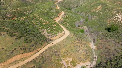 A dirt road winds through a grassy hillside Stock Footage 306416952