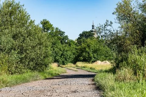 Dirt stone road going through rural areas of western Poland Foto stock