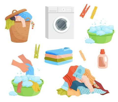 Dirty and clean clothes flat cartoon vector illustrations set. Pile of washed Stock Illustration