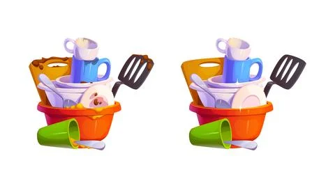 Dirty and clean dishes stack before and after wash Stockillustratie