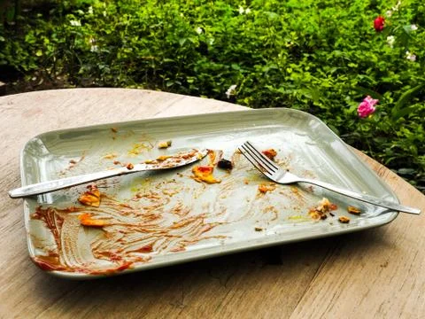 Dirty and empty dishes after breakfast Stock Photos
