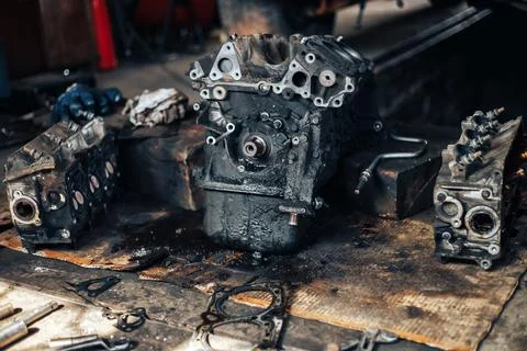 Dirty auto engine in garage Stock Photos