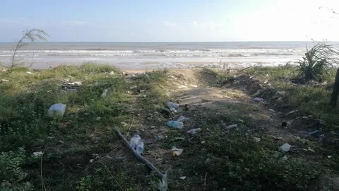 Dirty beach with garbage pollution trash. Stock Footage 297827890