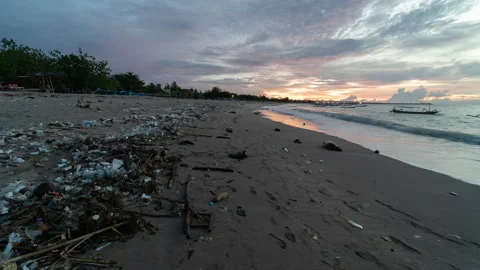 Dirty Beach Trash, Garbage, Plastic Waste Time Lapse - Bali Indonesia Stock Footage 146328806