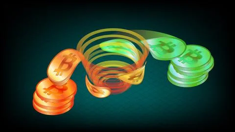 Dirty bitcoins go through Tornado Cash and become clean in isometric view Stock Illustration