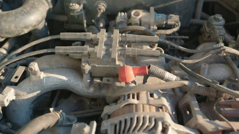 Dirty Car Engine Compartment with Spark Plug Wires and Alternator | Detailed Stock-Footage 339749972