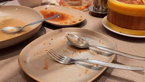 Dirty Ceramic Tableware On Restaurant Table After Festive Holiday Family Dinner Stock Footage 309928707