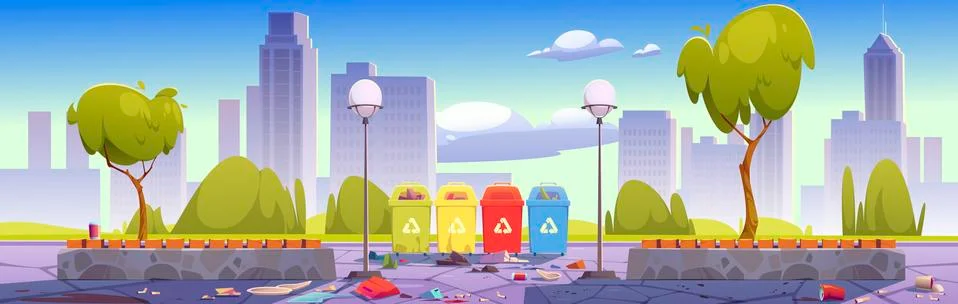 Dirty city park with trash bins and litter Stock Illustration