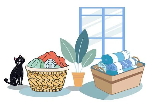 Dirty clothes in laundry baskets and a basket of clean towels next Stock Illustration