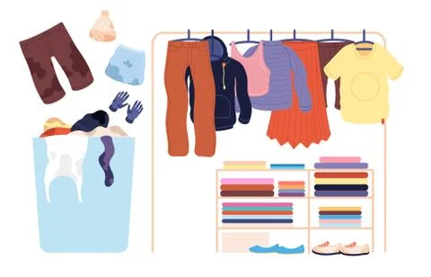 Dirty clothes. Laundry stack, basket apparel pile for washer. Isolated clean Stock Illustration