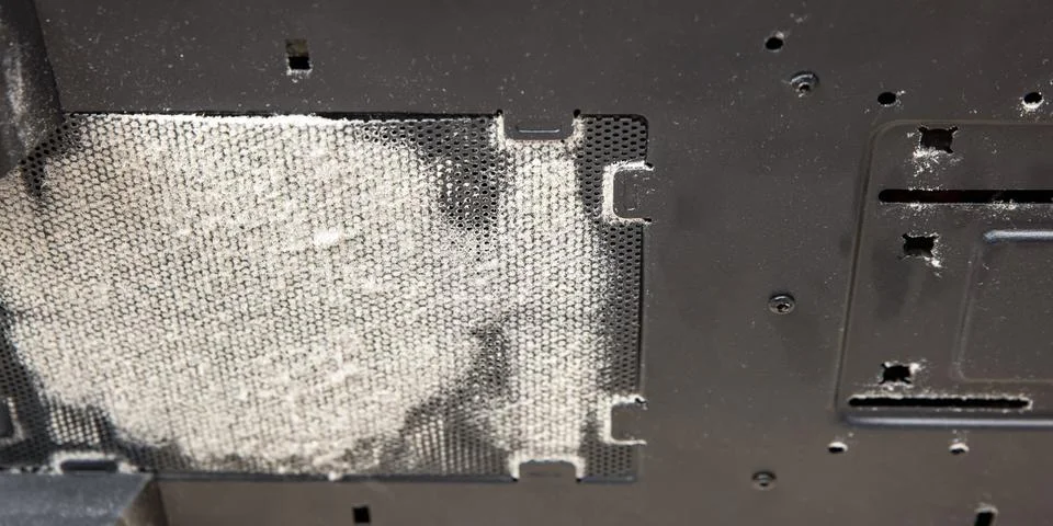 Dirty computer case. A layer of dust on the system unit. Time to clear your Stock Photos