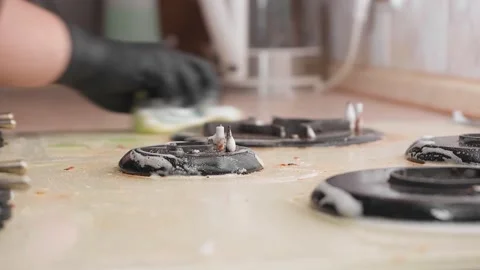 Dirty cooking surface washed with a sponge, side view Stock Footage 152337109