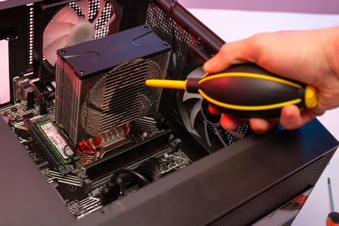 Dirty cooler ventilation system unit computer, cleaning from dust. Stock Photos