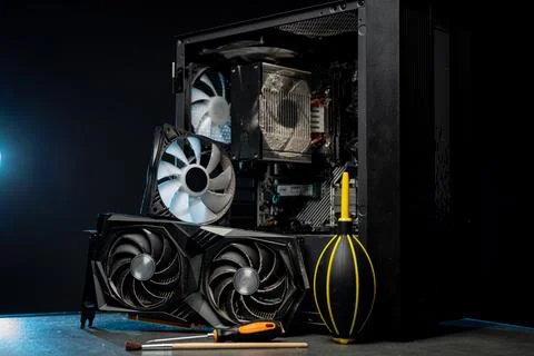 Dirty cooler ventilation system unit computer, cleaning from dust. Stock Photos