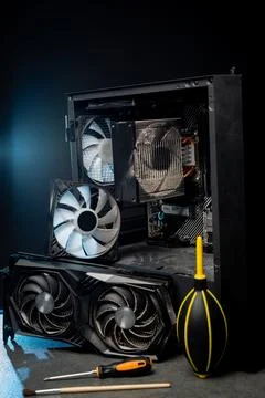 Dirty cooler ventilation system unit computer, cleaning from dust. Stock Photos