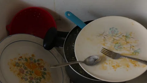 Dirty Dishes in Kitchen Sink Stock Footage 196954690