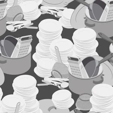 Dirty dishes pattern seamless. Mountain of dirty plates and pots background Stock Illustration