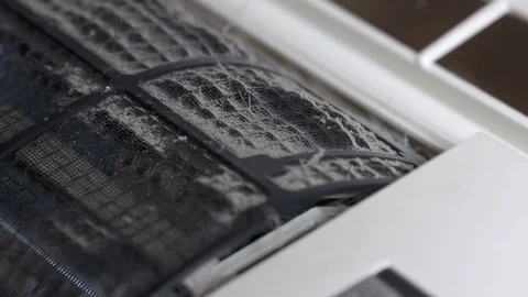 Dirty dust filters of split air conditioner closeup Stock Footage 75812998
