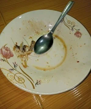 Dirty Empty Plate with Fish Bones and Spoon After Meal Stock Photos