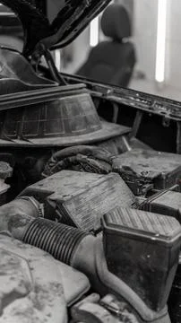 Dirty engine and engine compartment with dust before car wash. Car wash, deta 写真素材