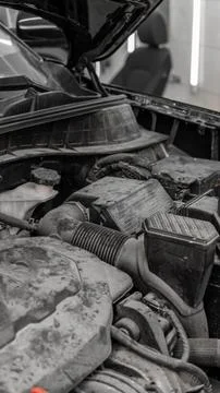 Dirty engine and engine compartment with dust before car wash. Car wash, deta 스톡 사진