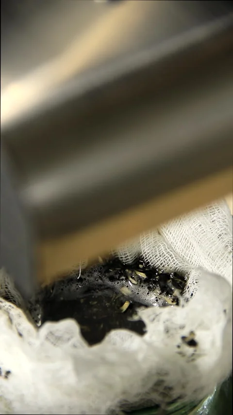 Dirty fabric filter after pressing vegetable oil. Stock Footage 168889259
