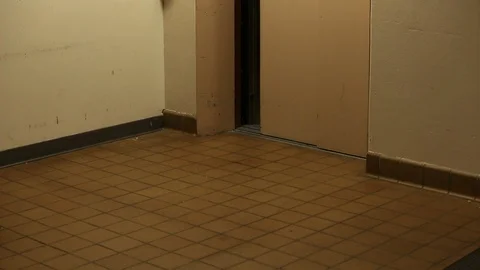 Dirty Freight Elevator Door Opens and Closes with Shallow Depth of Field Stock-Footage 100532894