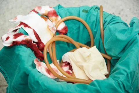 Dirty garbage after surgery in the operating room Stock Photos