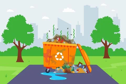 Dirty garbage container on the street. poor municipal services. Stock Illustration