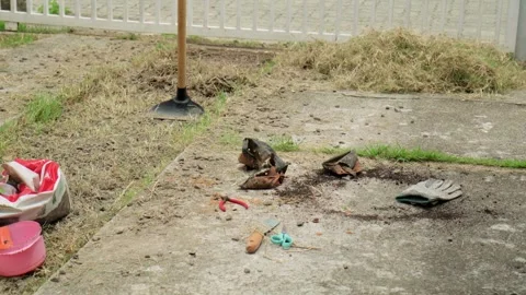 Dirty gardening hoe and pulled weeds resting on the ground after yard work Stock-Footage 331088721