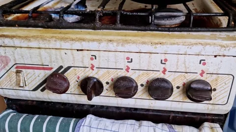 Dirty Gas Stove Control Knobs Close Up Stock Footage 321963698