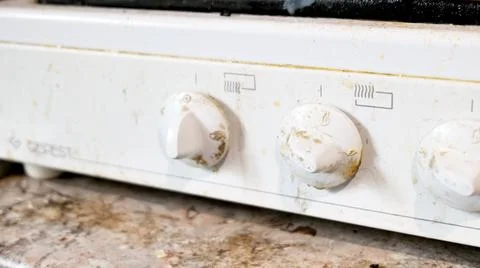 Dirty Gas Stove Control Knobs Close Up Stock Photos