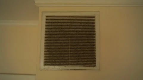 Dirty kitchen hood functions in wall under ceiling Stock Footage 237887736