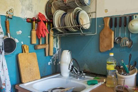 Dirty kitchen sink Stock Photos