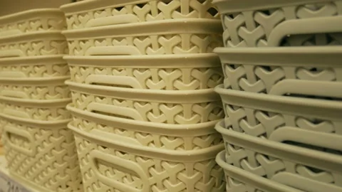 Dirty laundry baskets on a shelf in a store Stock Footage 130661966
