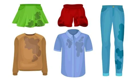 Dirty Laundry or Clothes with Spots of Mud Vector Set Stock Illustration
