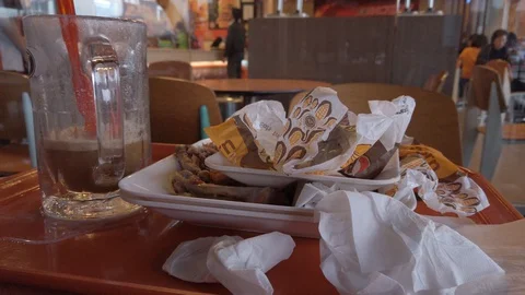 Dirty Leftover on The Table at AW Restaurant, Soekarno Hatta Airport Jakarta Stock Footage 129884757