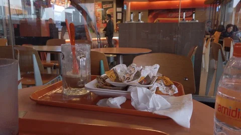 Dirty Leftover on The Table at AW Restaurant, Soekarno Hatta Airport Jakarta Stock Footage 129884759