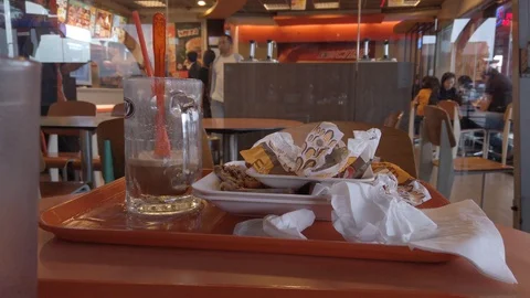 Dirty Leftover on The Table at AW Restaurant, Soekarno Hatta Airport Jakarta Stock Footage 129884878