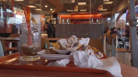 Dirty Leftover on The Table at AW Restaurant, Soekarno Hatta Airport Jakarta Stock Footage 129885438