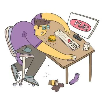 Dirty man playing at the computer on a dirty table Stock Illustration