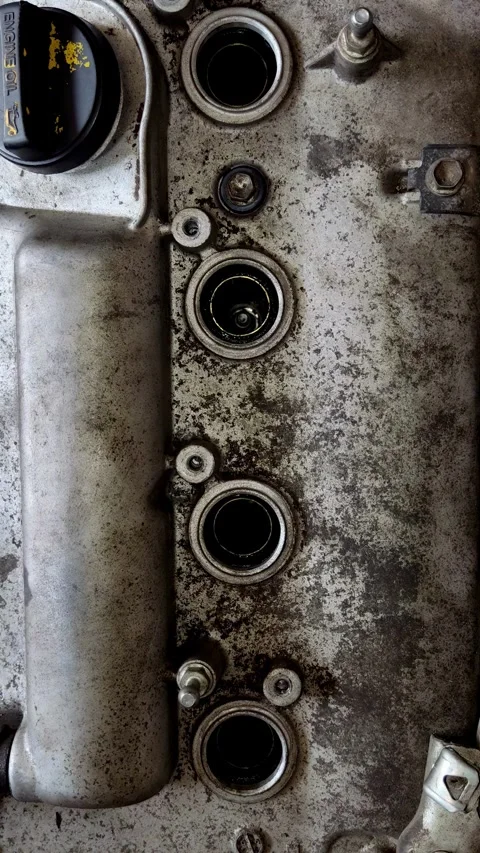 A dirty metal car engine valve cover with spark tubes. 스톡 동영상 339491328